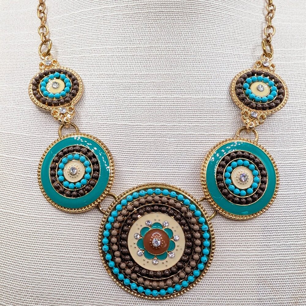 Bohemian Gold-Tone Turquoise and Brown Necklace with Medallions - Vintage